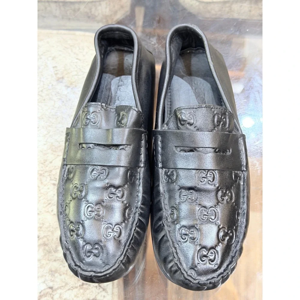 Gucci Mens Black Leather GG Guccissima Embossed Driving Loafers Size 5 1122123